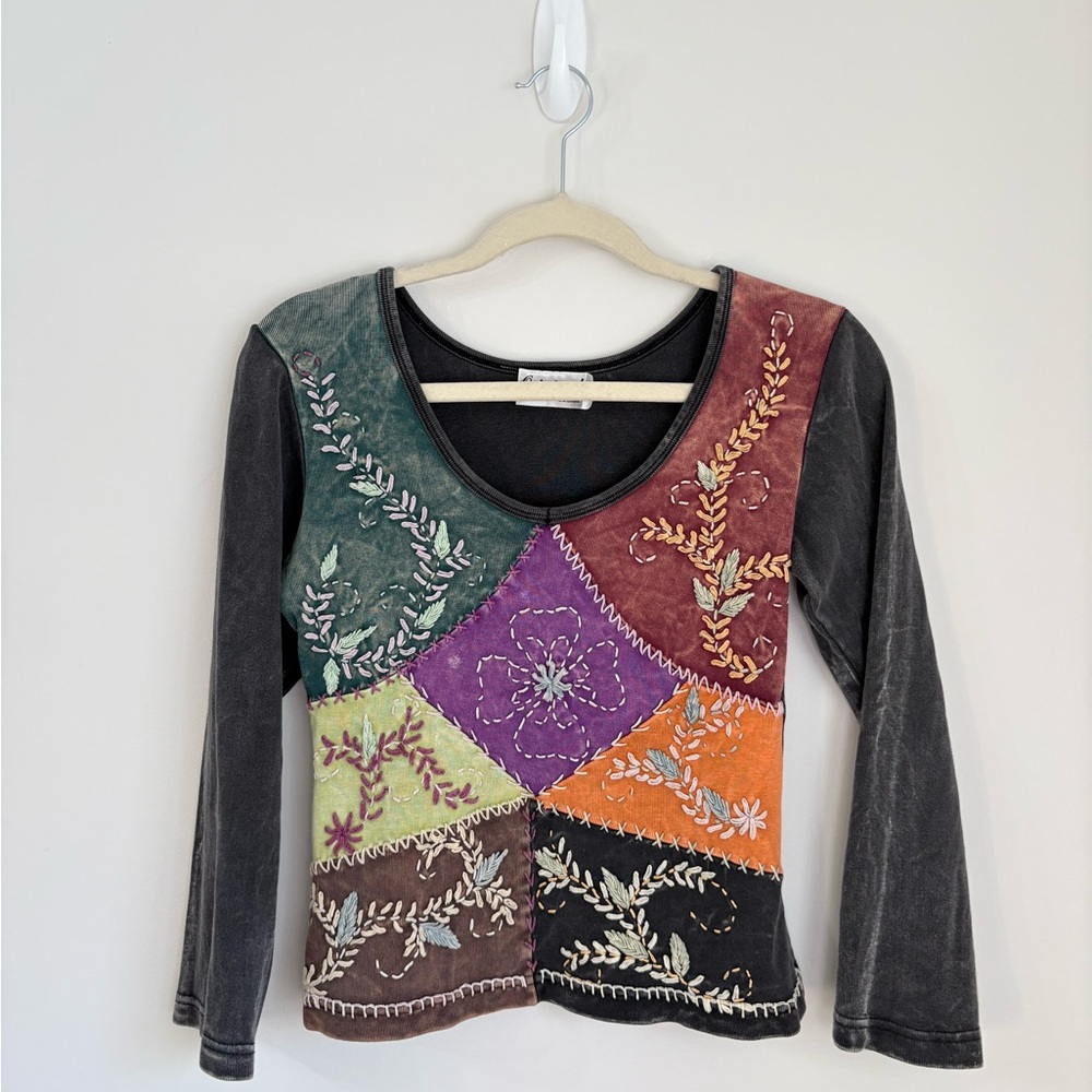 VTG Y2K Embroidered Top Sz M Phoebe Artsy Boho Hippie Whimsigoth Patchwork Indie